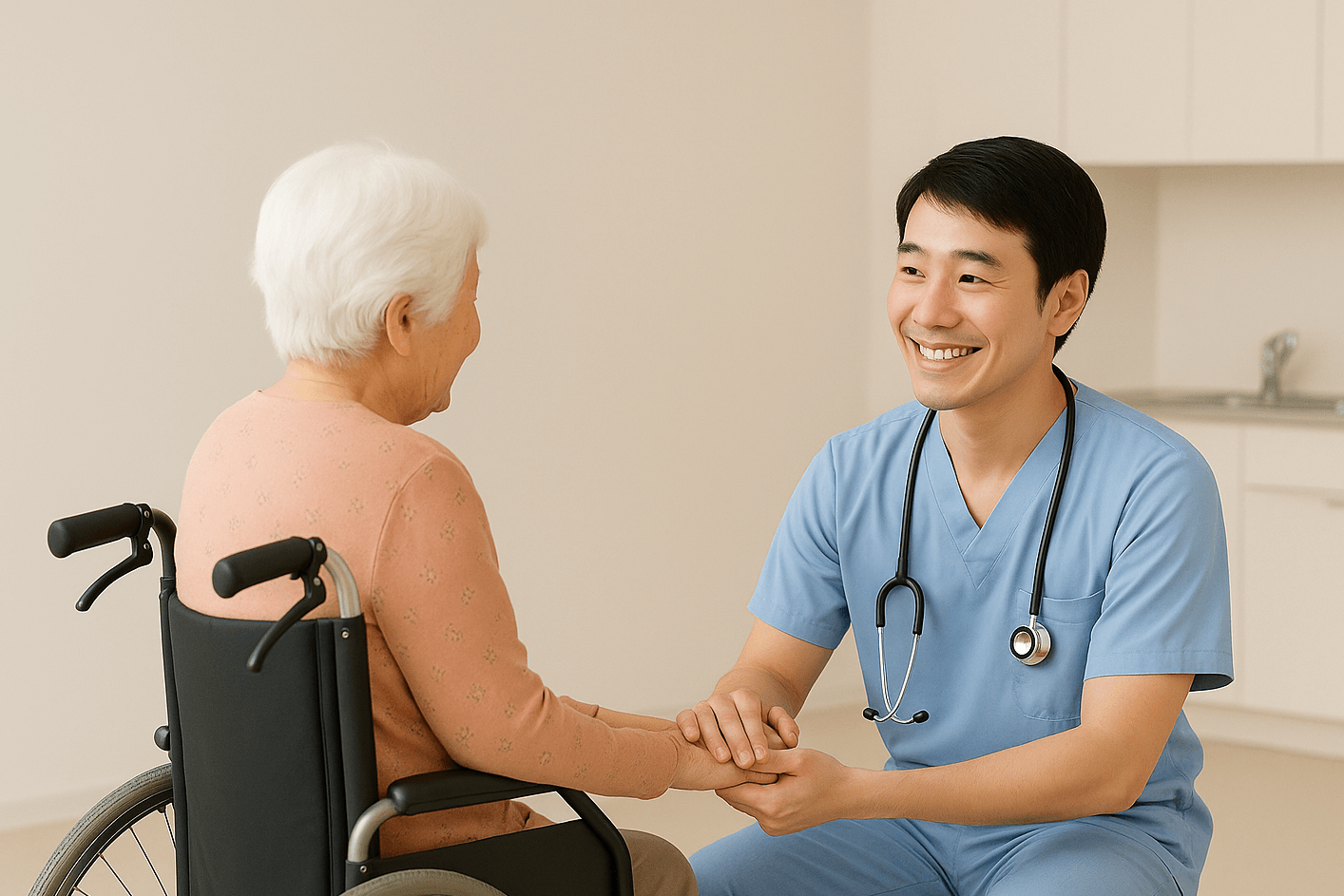 聴診器を首に掛けた笑顔の男性が車椅子に載った高齢の女性の手を取っている様子